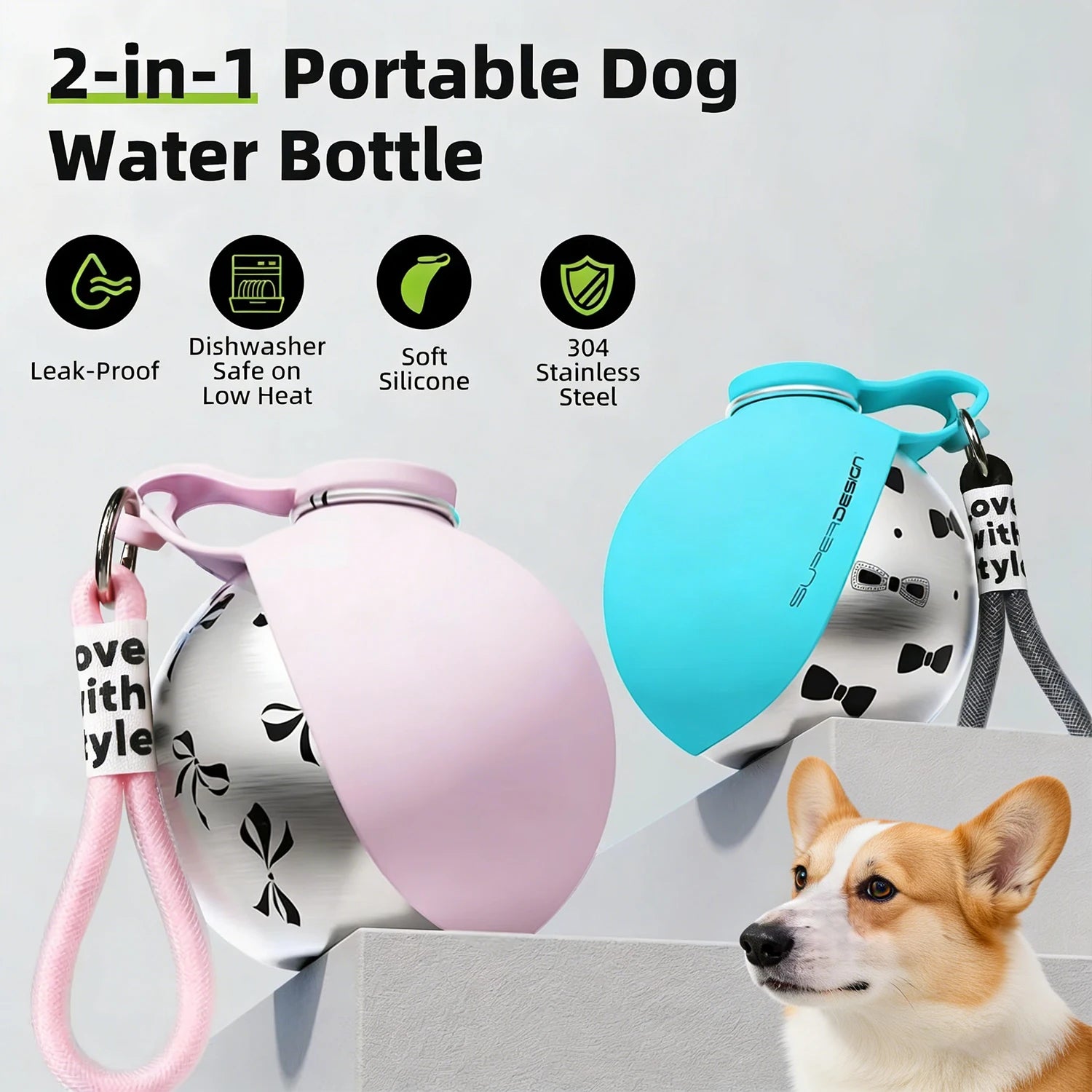 2-in-1 Portable Dog Water Bottle — Leak-Proof Travel Bottle with Stainless Steel Body